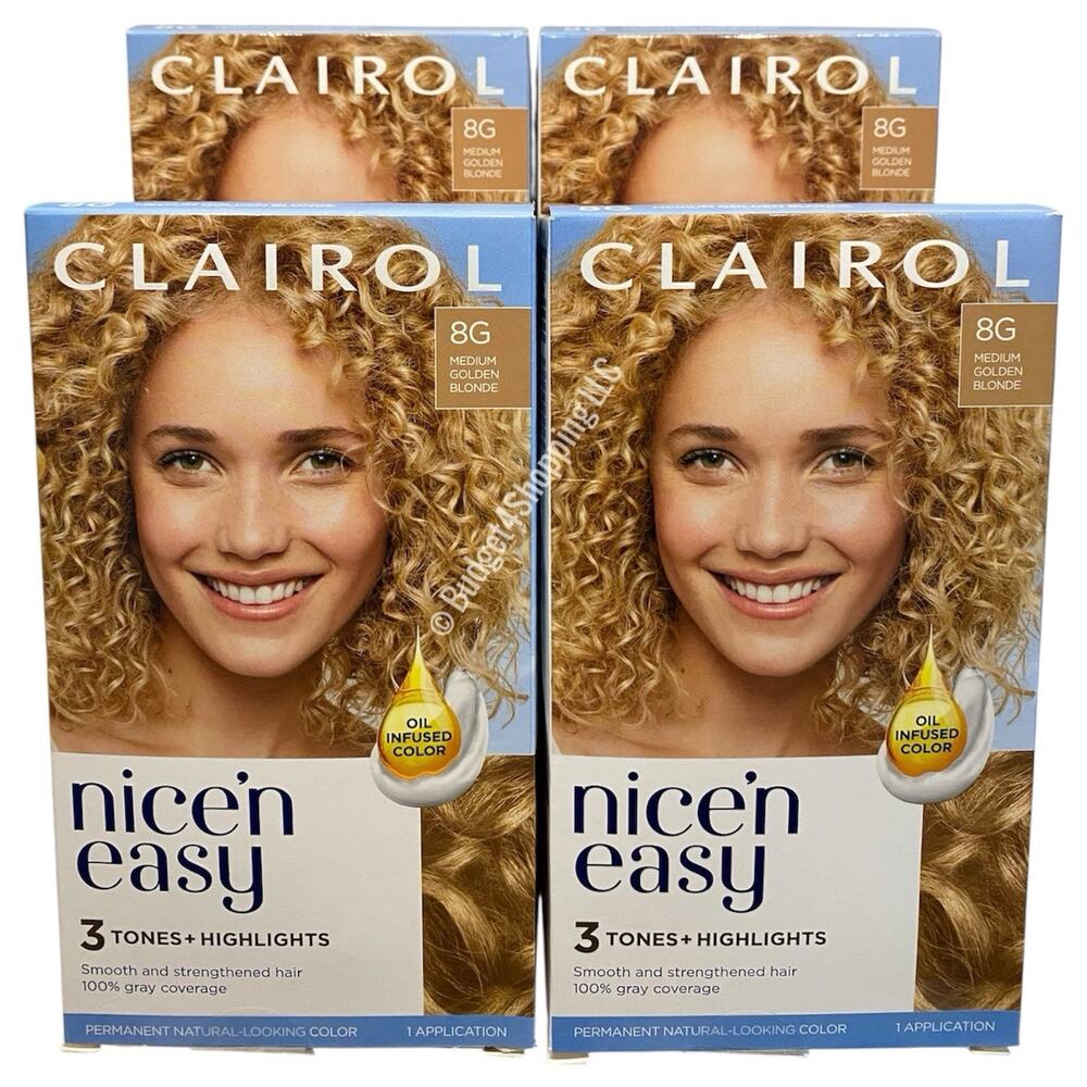 Clairol Nice'n Easy Permanent Hair Dye 8G Medium Golden Blonde, Pack of 4